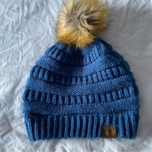 C&C Beanie Hat Womens OS Pom Pom Blue Acrylic Knit Winter Casual Snow Outdoor